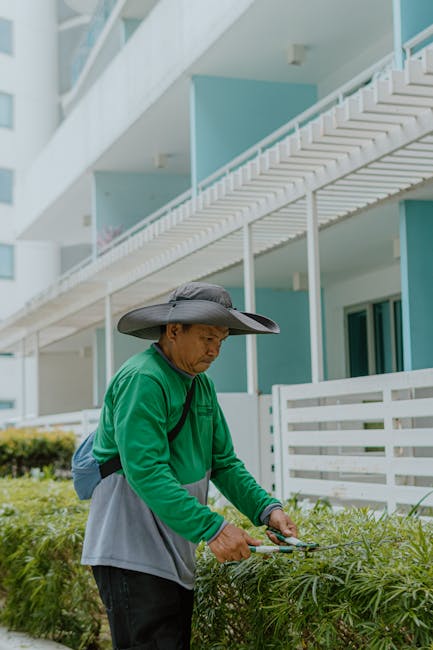 A gardener wearing a navy uniform with reflective yellow stripes is trimming a dense, well-maintained hedge with hedge shears on a sunny day. The hedge consists of small, glossy green leaves, and its 